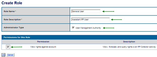Create Role Dialog Box with arrows pointing to the role name, role description, administrator type, and permissions input areas
