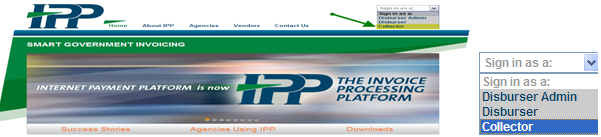 IPP Homepage with and arrow pointing to the sign in as a collector option in the upper right hand corner
