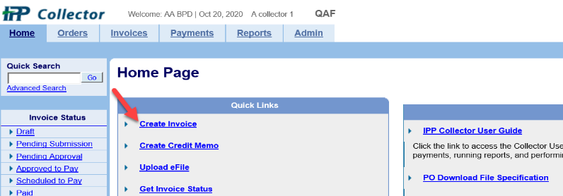 IPP Collector Homepage with an arrow pointing to the create invoice under quick links