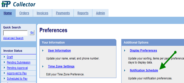 IPP Collector Preferences Page with arrow pointing to the notification schedule link.