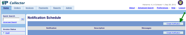 IPP Collector Notification Schedule Page with arrow pointing to the create notification link.