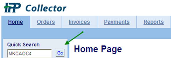 IPP Collector homepage with an arrow pointing to the go button beside the quick search input box