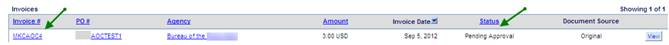 The quick search results page with arrows pointing to the invoice number and status