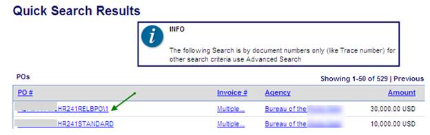 The quick search results page with arrows pointing to the purchase order and view button
