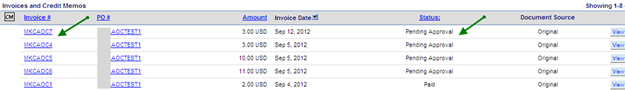 The quick search results page with arrows pointing to the invoice number and status