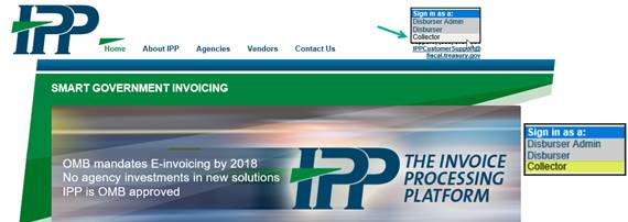 IPP Homepage with and arrow pointing to the sign in as a collector option in the upper right hand corner