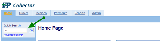 IPP Collector Homepage with an arrow pointing to the quick search input box