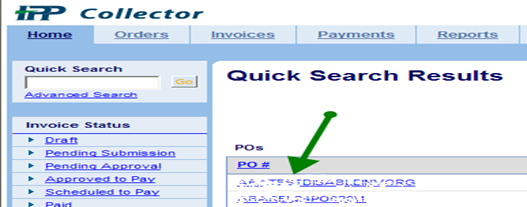 IPP Collector quick results page with an arrow pointing to the purchase order results