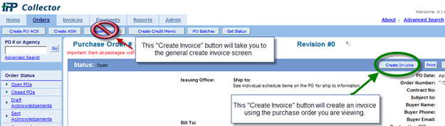 Purchase order screen with the no symbol over the create invoice button in the taskbar and a green arrow pointing to the create invoice button in the status bar