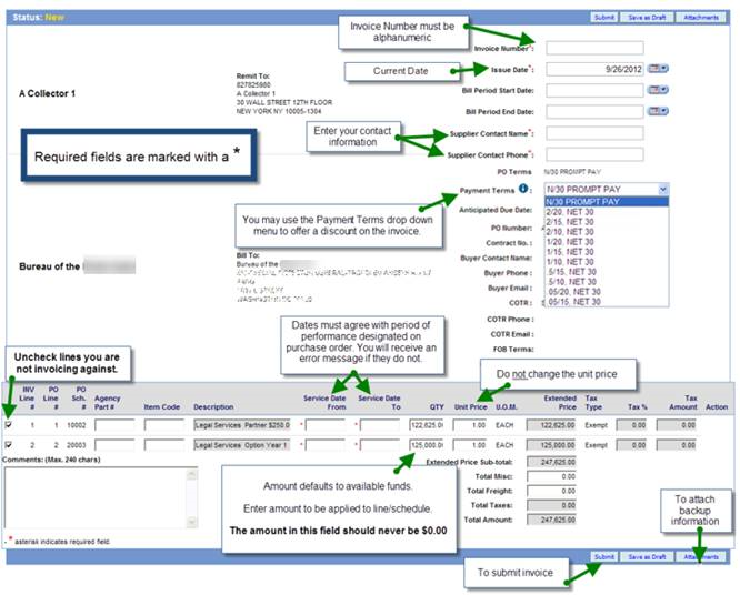 Green arrows pointing to the required fields sections of the create invoice page