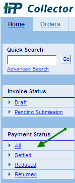 IPP Collector Sidebar with an arrow pointing to all under the heading payment status.