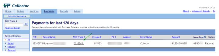 List of payments for last 120 days with an arrow pointing to the first ACH Trace number.