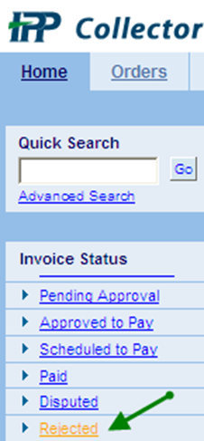 IPP Collector Sidebar with an arrow pointing to the 'rejected' link.