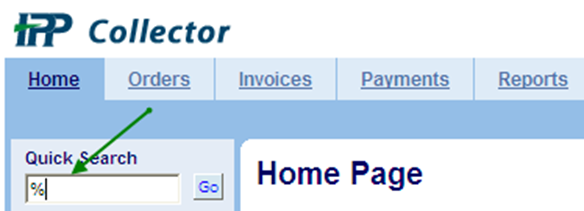 IPP Collector Home Page with arrow pointing to the quick search input field.