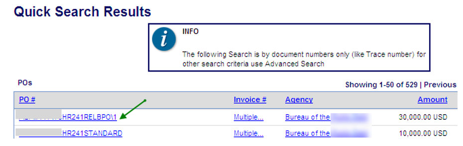 The Quick Search Results Page with an arrow pointing to the first purchase order number
