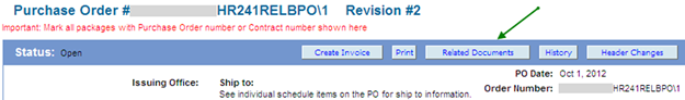 Purchase Order Page with an arrow pointinig to the related documents button.
