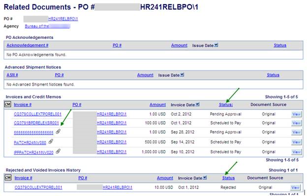 Related Documents page with arrows pointing to the status heading, the paperclip image beside the invoice number, and the second status heading.