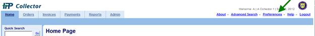IPP Collector Home Page with an arrow pointing to the preferences link.