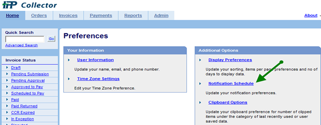 IPP Preferences Page with an arrow pointing to the notification schedule link.
