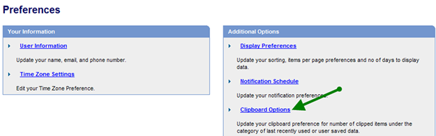 IPP Preferences Page with an arrow pointing to the clipboard options link.