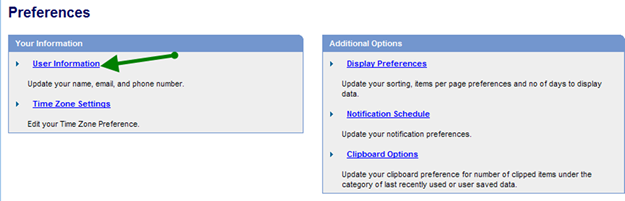 IPP Preferences Page with an arrow pointing to the user information link.