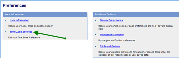 IPP Preferences Page with an arrow pointing to the time zone settings link.