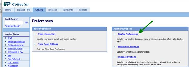 IPP Preferences Page with an arrow pointing to the display preferences link.