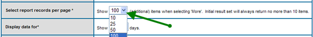 Display Preferences Page with an arrow pointing at the select report records per page drop-down box.
